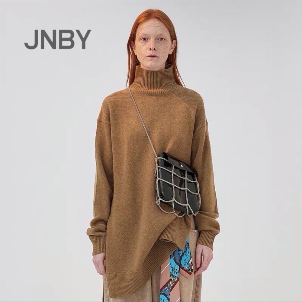 JNBY Wool–Cashmere Blend Oversized Camel Turtleneck Long Sweater